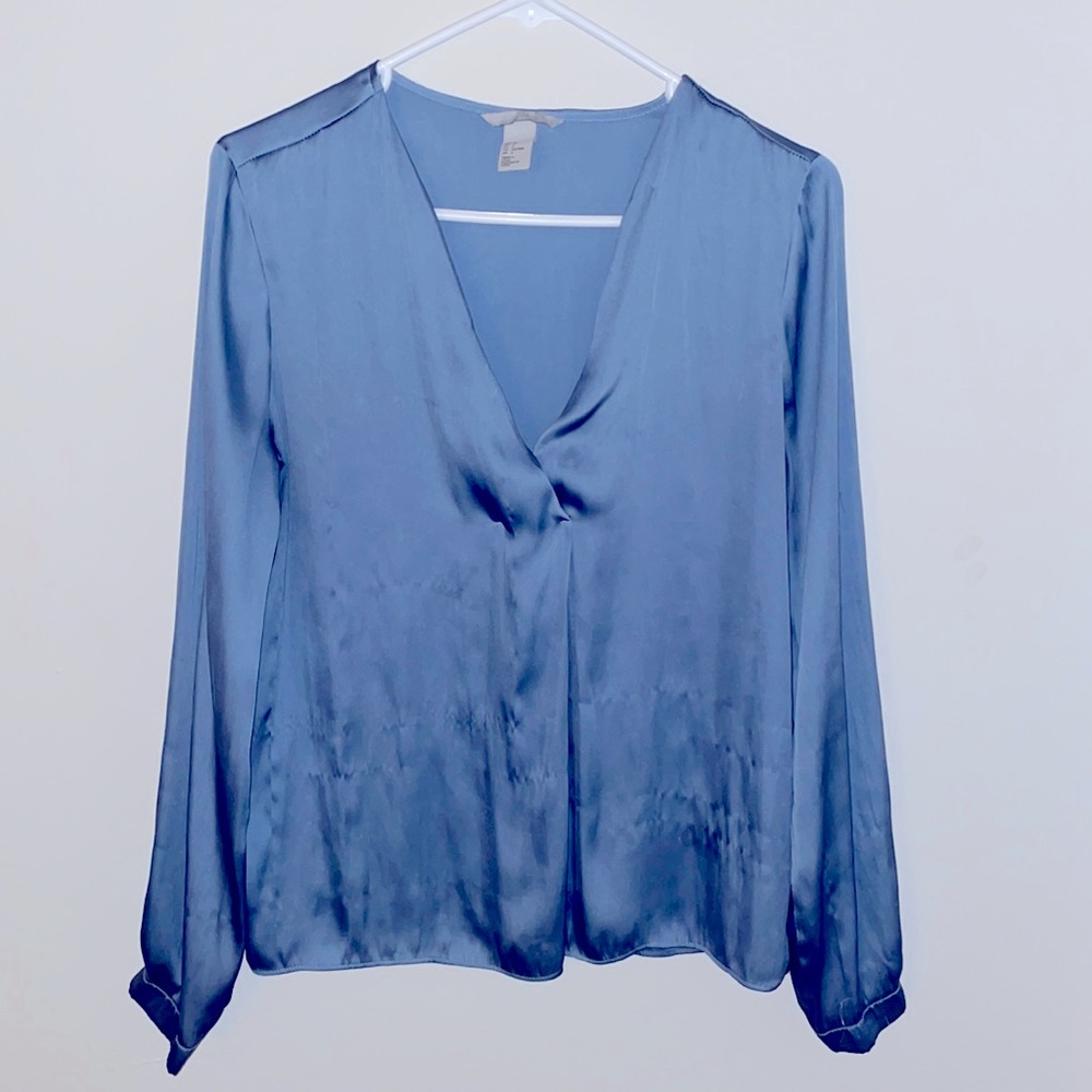 Blue Satin, v neck, office top